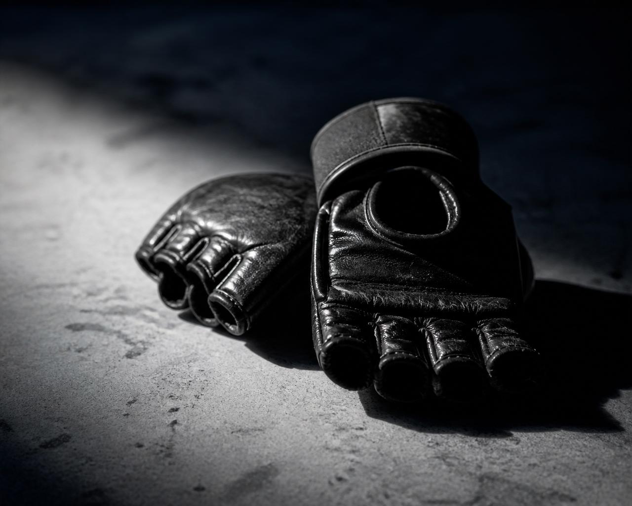 Worn MMA gloves on a training floor
